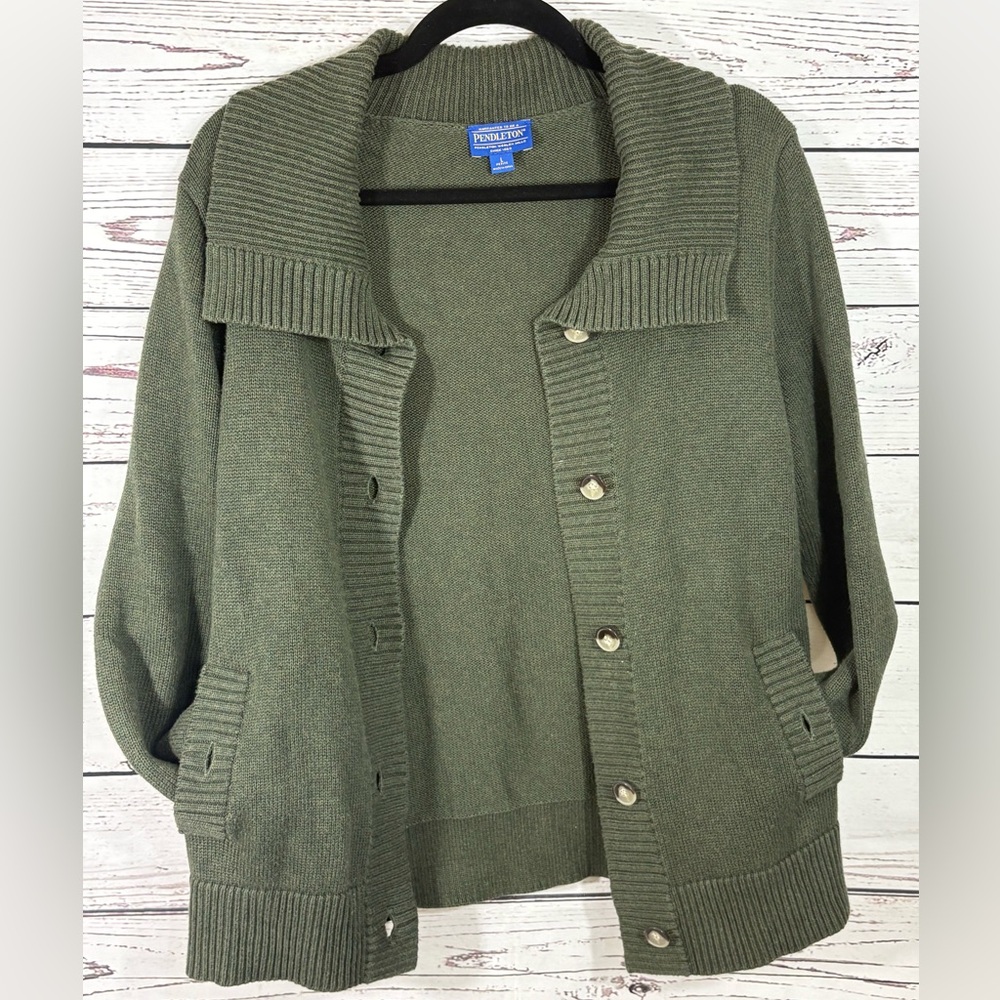 Pendleton Olive Shawl-Collar Ribbed Vintage Granny Cardigan in Size Large Petite - Picture 4 of 6